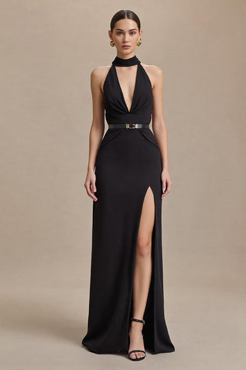 Halter Sheath V-Neck Black Tie Dress With Slit